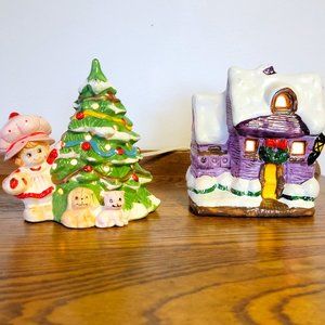 Strawberry Shortcake Lighted Ceramic Christmas Tree and House Vintage 1980s